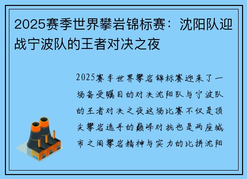2025赛季世界攀岩锦标赛：沈阳队迎战宁波队的王者对决之夜